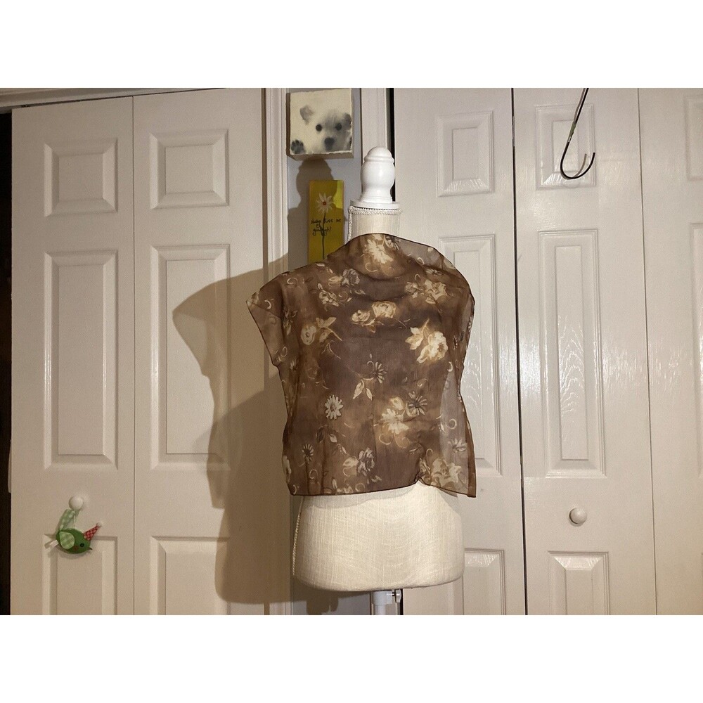 Brown & Crem Sheer Floral Square Scarf  Made in Italy Vtg 100% Polyester